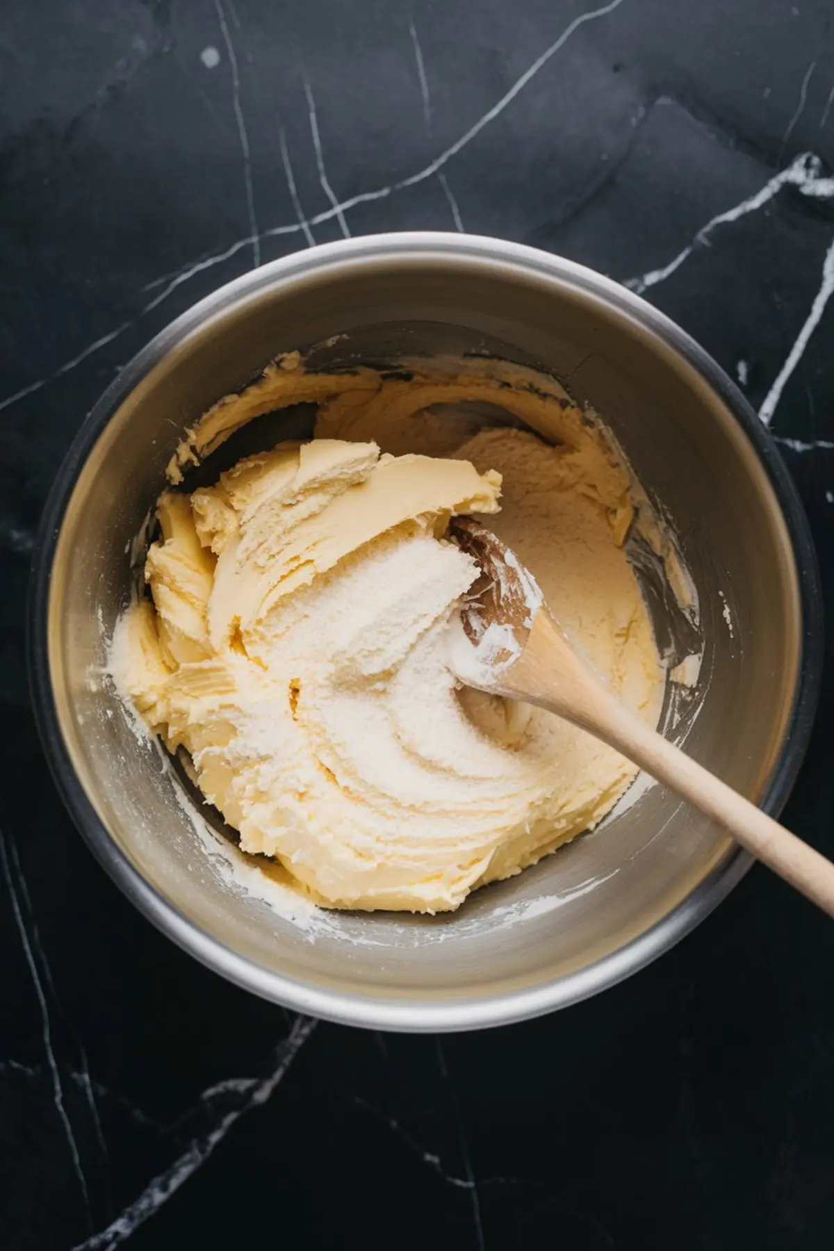 A mixing bowl with creamed butter and sugar being stirred with a wooden spoon. The mixture is pale yellow and fluffy, in the process of making sugar cookie dough.