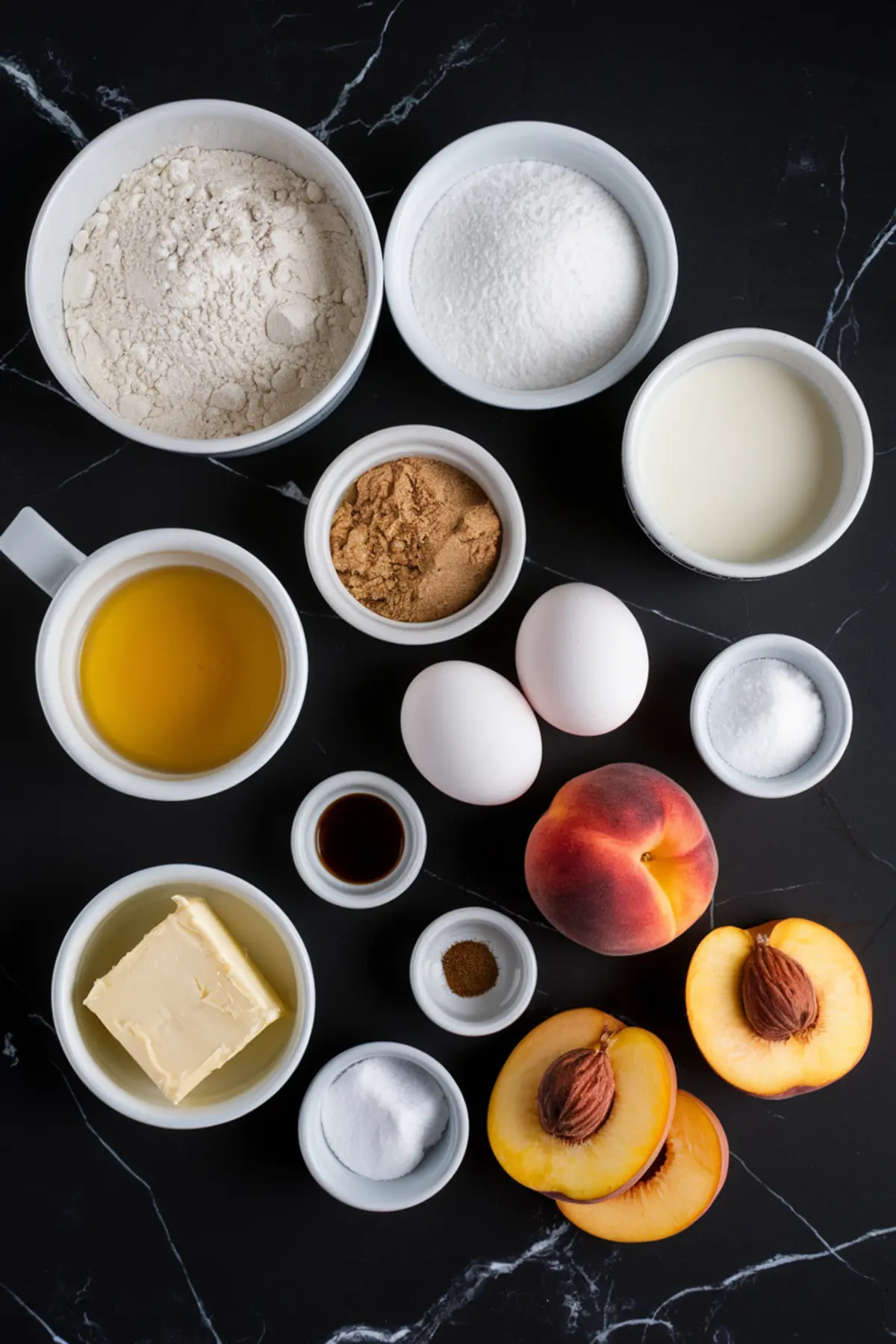 A flat lay of baking ingredients on a black marble surface, including flour, sugar, milk, eggs, butter, brown sugar, vanilla extract, yeast, salt, and fresh peaches cut in half.