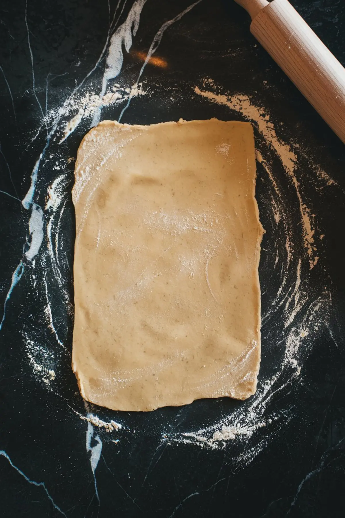 A sheet of rolled-out cinnamon roll dough dusted with flour, laid on a black countertop with a wooden rolling pin in the background.