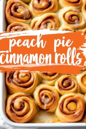 Freshly baked peach cinnamon rolls in a white rectangular baking pan, filled with cinnamon swirl and diced peaches, lightly topped with icing.