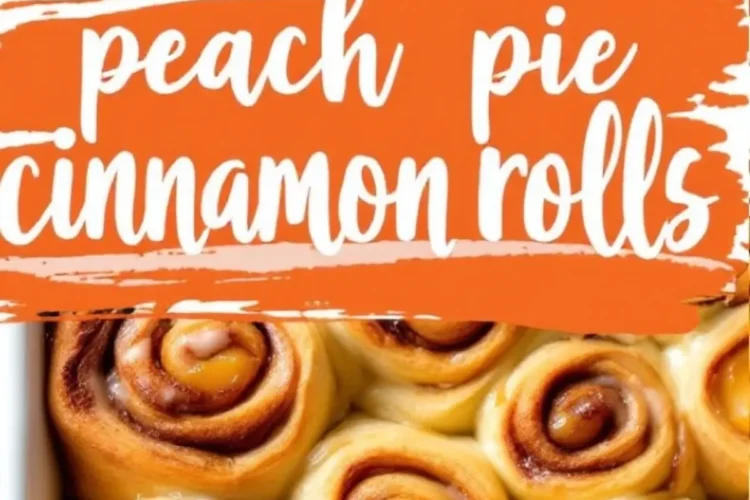 Freshly baked peach cinnamon rolls in a white rectangular baking pan, filled with cinnamon swirl and diced peaches, lightly topped with icing.
