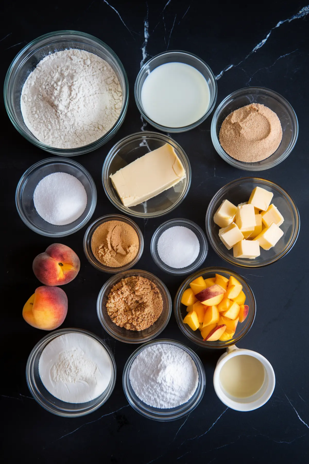 Flat lay of peach cinnamon roll ingredients on black marble, including flour, sugar, butter, brown sugar, powdered sugar, fresh peaches, milk, and cream cheese.