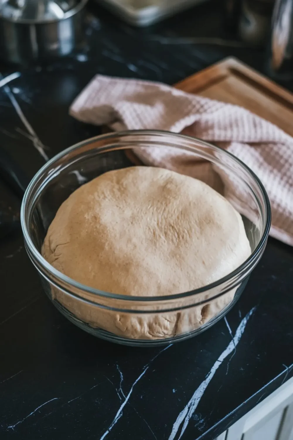 Risen cinnamon roll dough in a clear glass bowl, resting on a black marble surface with a beige cloth nearby.