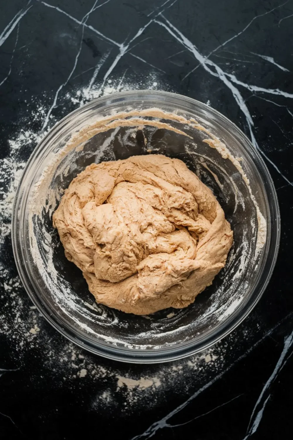 Roughly mixed cinnamon roll dough in a floured glass bowl, placed on a black marble counter with scattered flour.