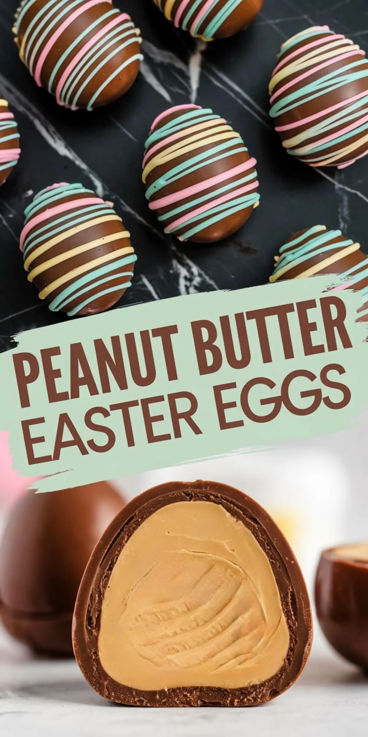 Close-up of a spoon holding a peanut butter egg half-dipped in melted chocolate, with a bowl of chocolate coating and a parchment-lined tray of chocolate-dipped eggs in the background, showing the candy-making process.
