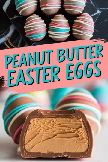 Collage image of chocolate-dipped peanut butter Easter eggs decorated with pink, white, and blue icing stripes, paired with a detailed close-up of a halved egg highlighting the rich peanut butter center, labeled with “Peanut Butter Easter Eggs” in bold turquoise and black lettering on a pink background.