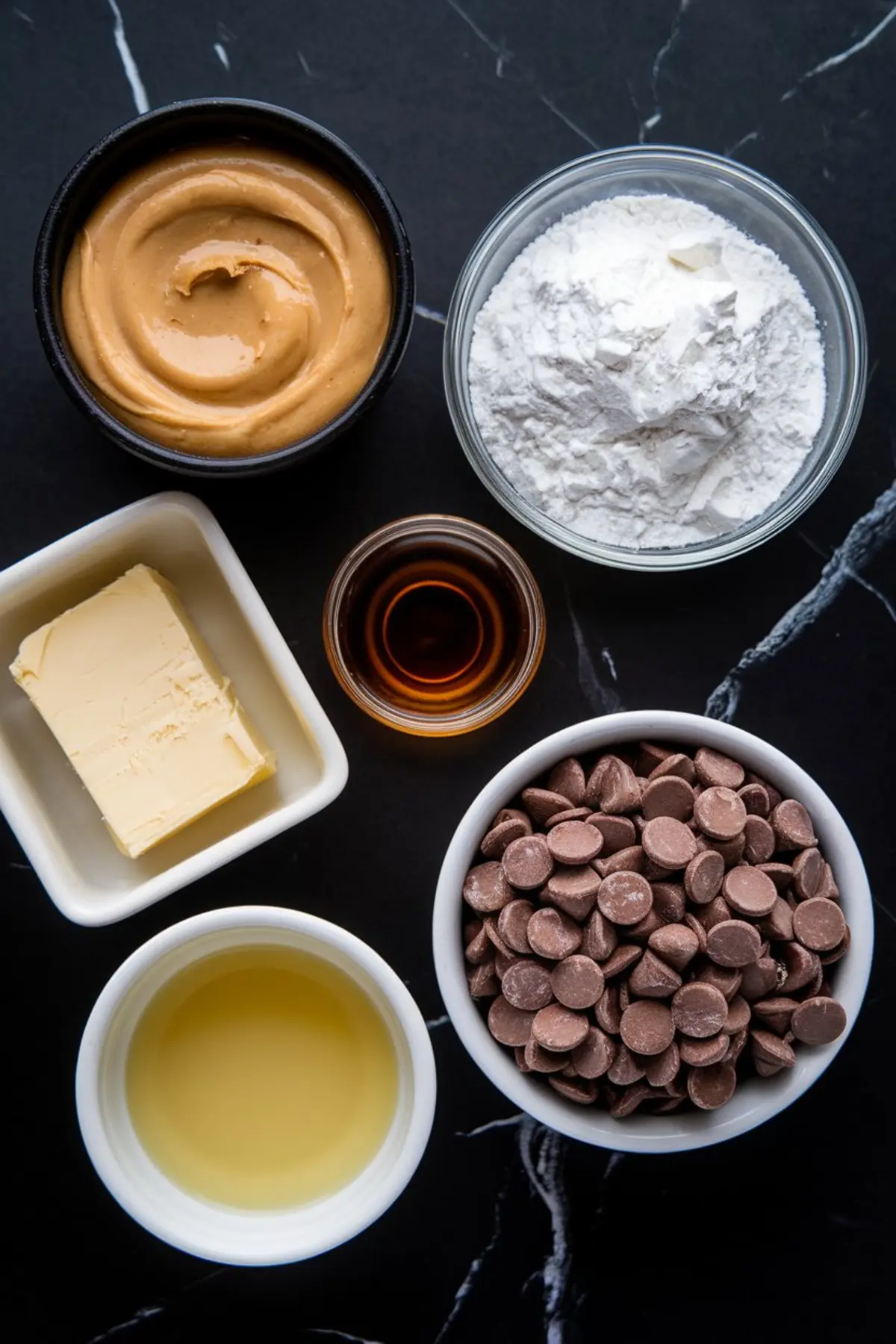 Flat lay of peanut butter Easter egg ingredients on a dark marble surface, including creamy peanut butter, powdered sugar, butter, vanilla extract, chocolate chips, and oil, organized in small bowls and dishes for baking preparation.