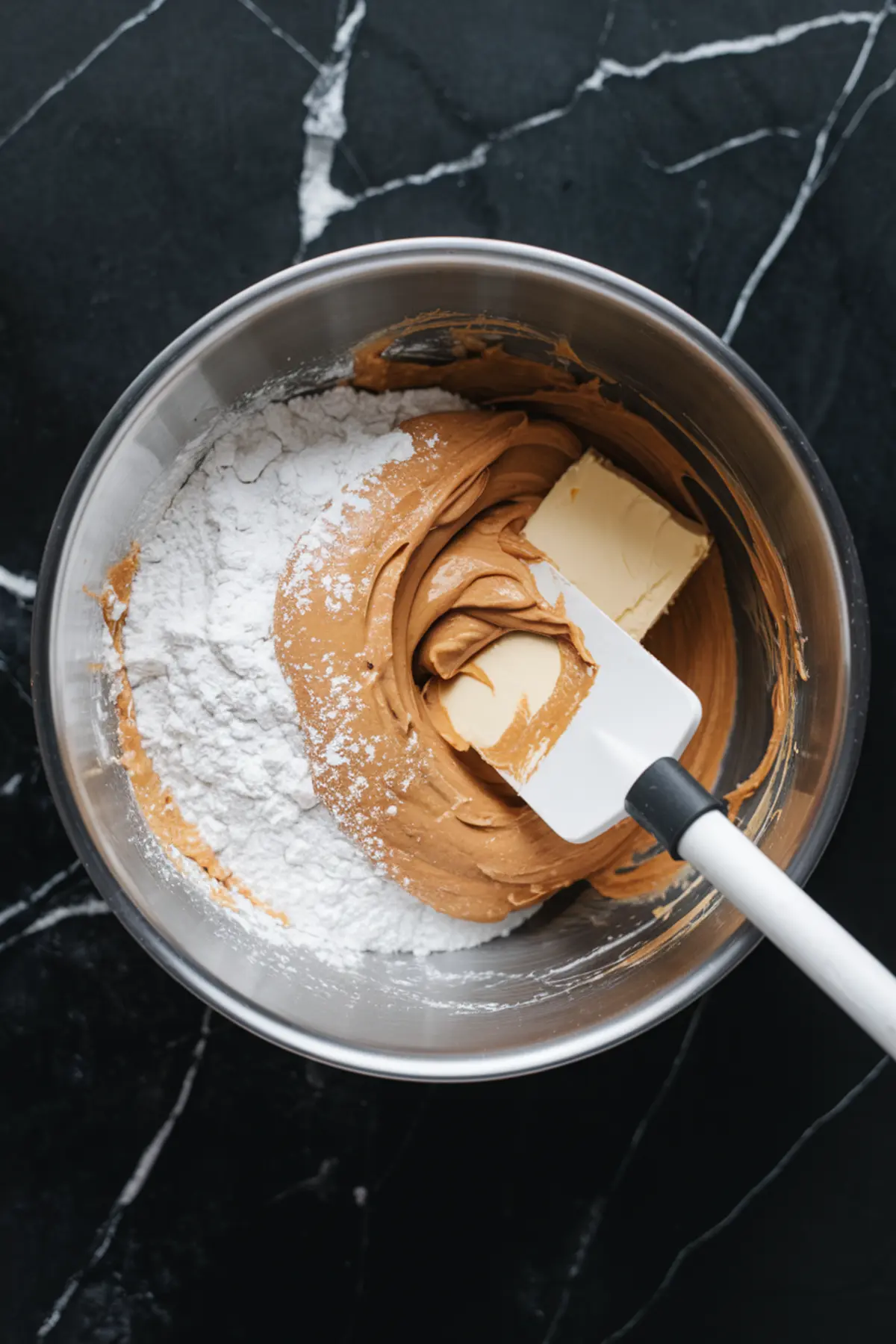 Overhead view of a stainless steel mixing bowl filled with peanut butter, powdered sugar, and butter being blended with a white silicone spatula to create smooth peanut butter filling for Easter eggs.