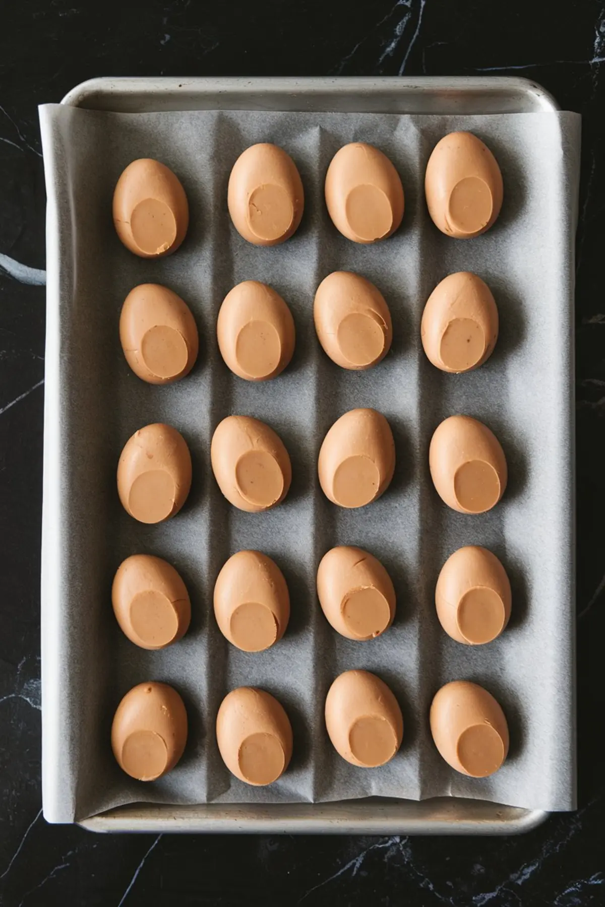Neatly arranged uncoated peanut butter egg shapes on a parchment-lined baking sheet, ready for dipping in chocolate, displayed on a dark marble countertop.