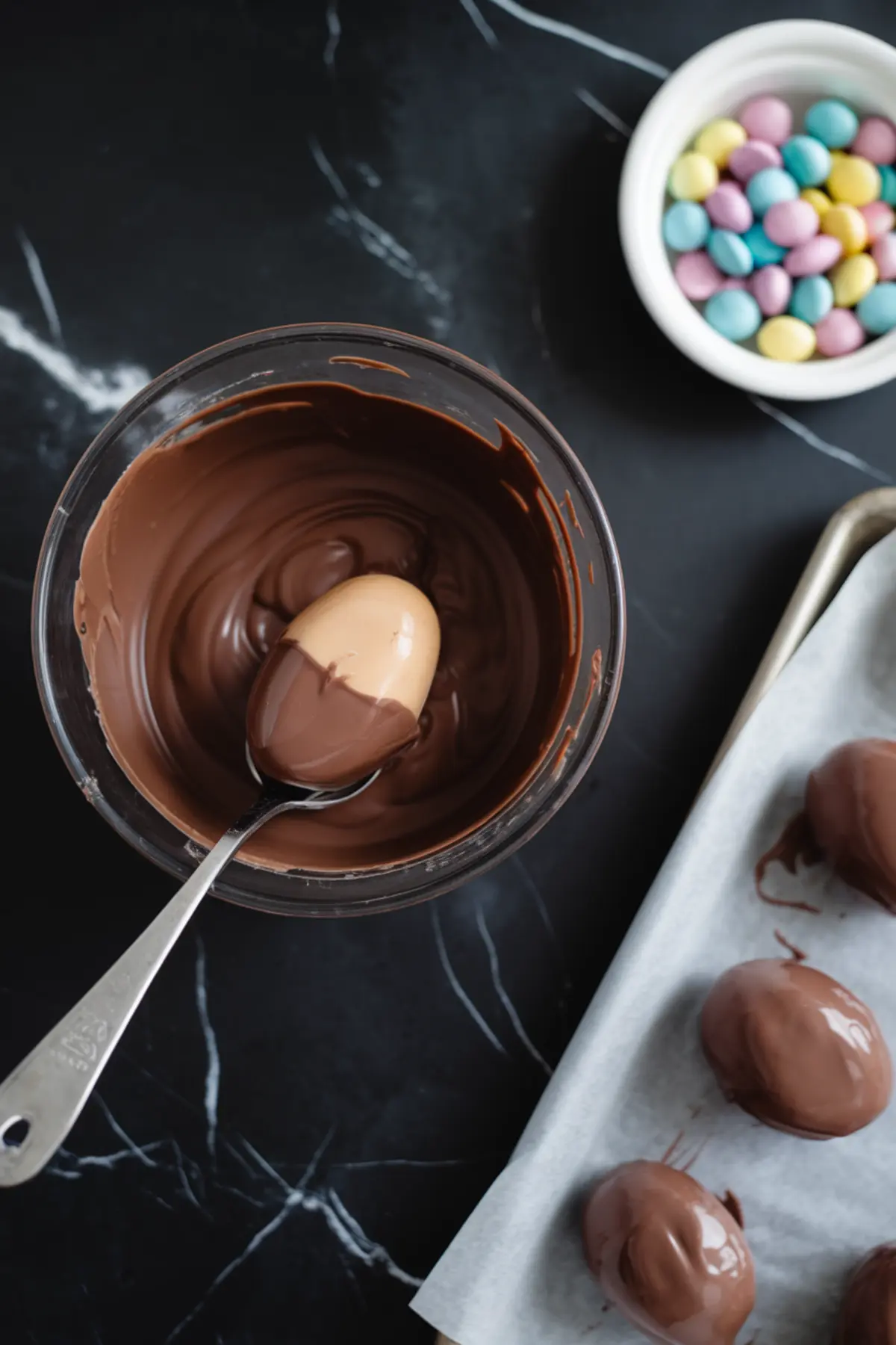 Close-up of a spoon holding a peanut butter egg half-dipped in melted chocolate, with a bowl of chocolate coating and a parchment-lined tray of chocolate-dipped eggs in the background, showing the candy-making process.