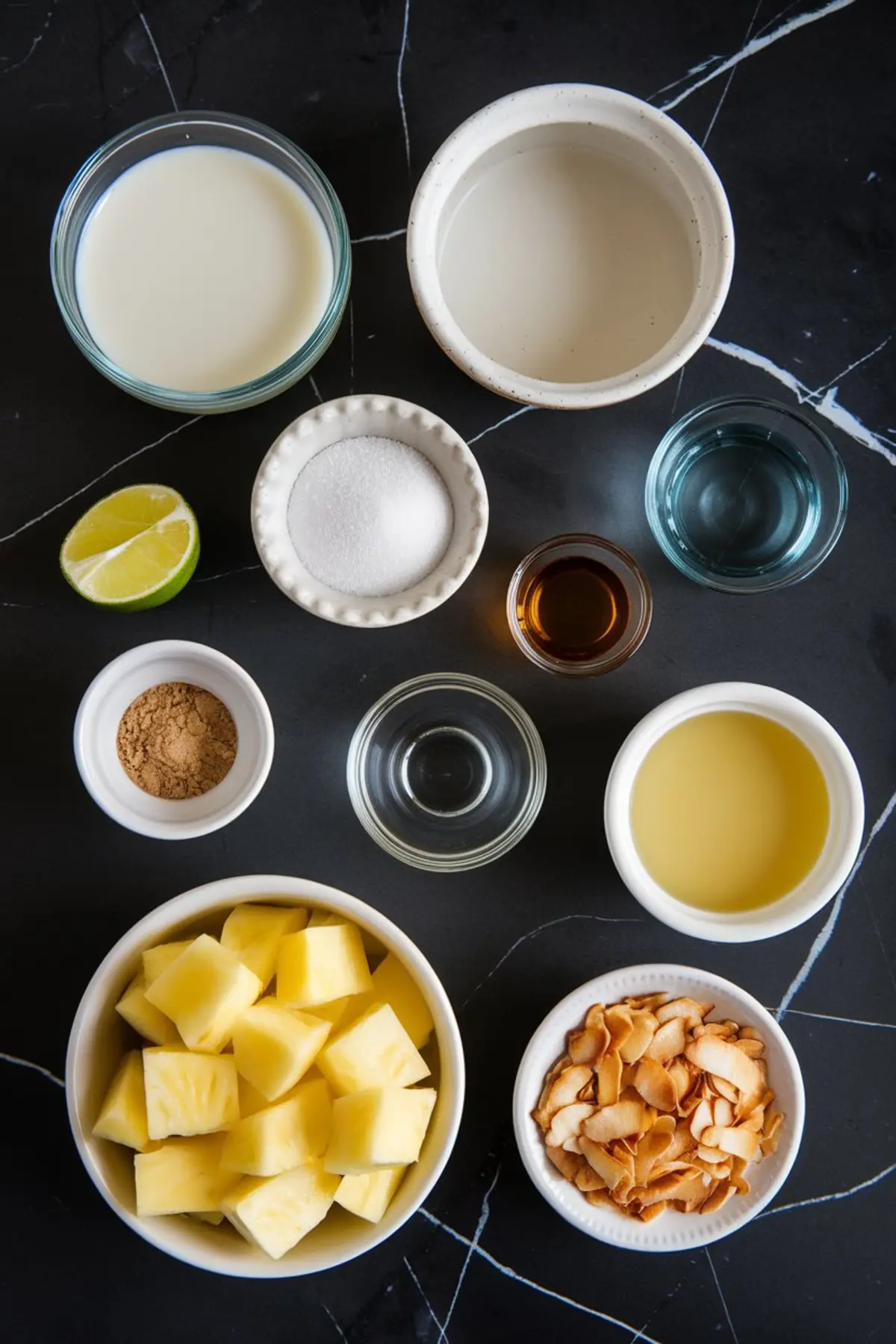 Flat lay of ingredients for piña colada panna cotta including fresh pineapple chunks, toasted coconut chips, coconut milk, lime, sugar, rum, vanilla extract, pineapple juice, and gelatin, arranged neatly on a dark marble surface.