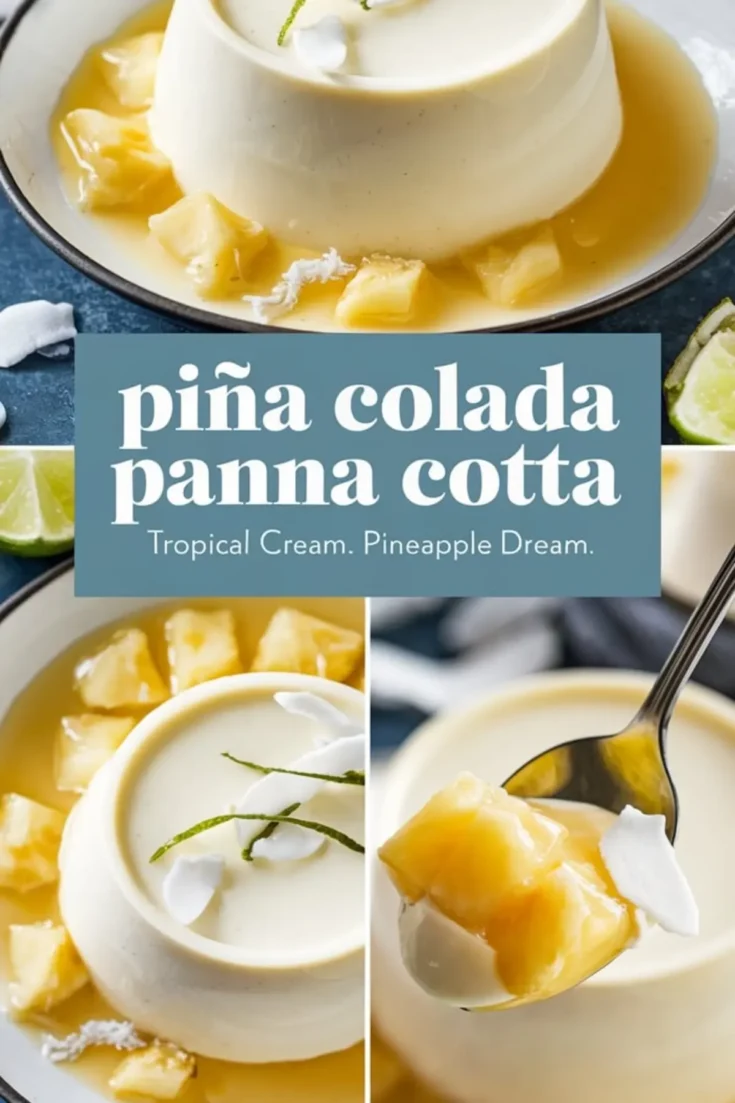 Collage featuring piña colada panna cotta served on a plate surrounded by pineapple chunks and garnished with coconut flakes and lime zest, showcasing a creamy texture and tropical presentation with overlay text.