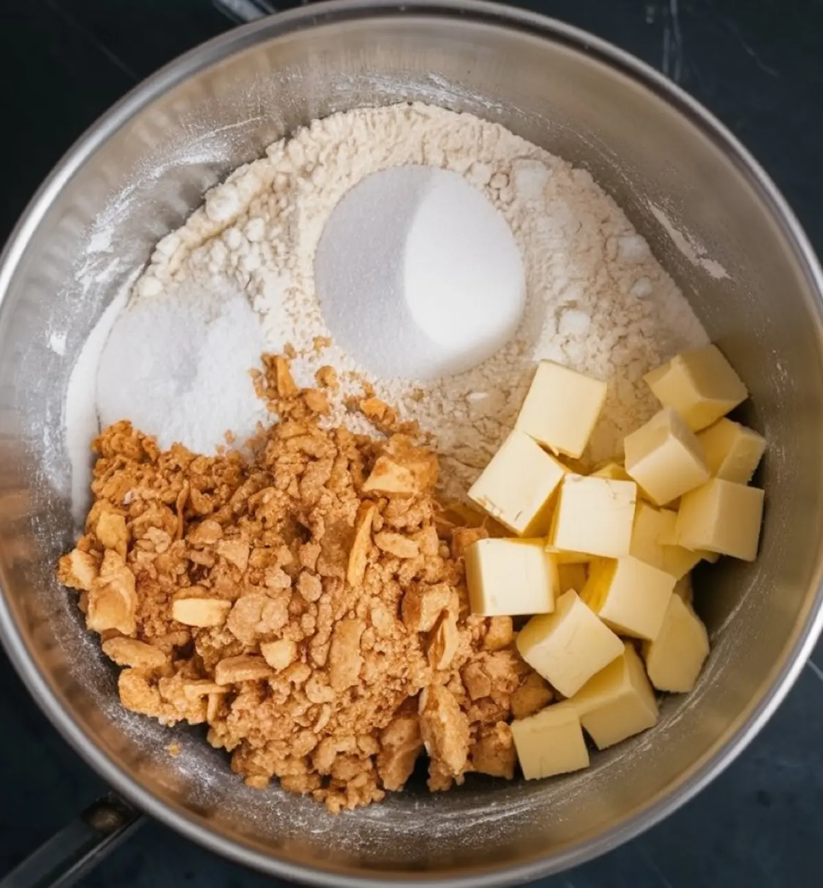 Mixing bowl filled with ingredients for pineapple crumble bars, including cubed butter, flour, sugar, and crushed cereal, ready to be combined for the crumb topping and crust.