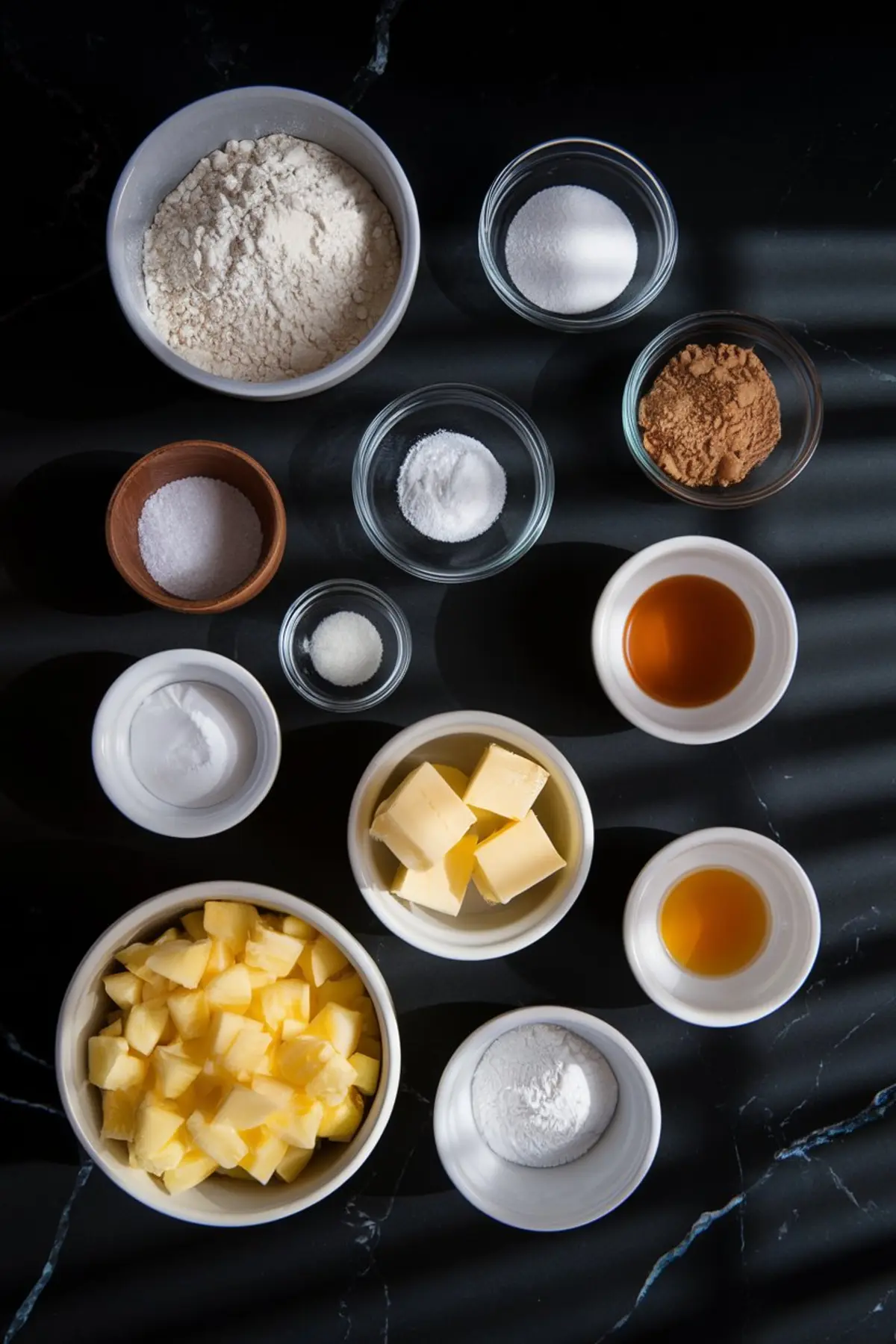 Flat lay of ingredients for pineapple crumble bars in small bowls, including flour, sugar, brown sugar, baking soda, salt, cubed butter, chopped fresh pineapple, vanilla extract, and other baking essentials arranged on a dark surface.