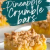 Square pineapple crumble bar served on a plate, showing layers of buttery crust, juicy pineapple filling, and a thick golden crumb topping, with the rest of the crumble bars in the background.
