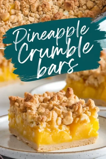 Square pineapple crumble bar served on a plate, showing layers of buttery crust, juicy pineapple filling, and a thick golden crumb topping, with the rest of the crumble bars in the background.