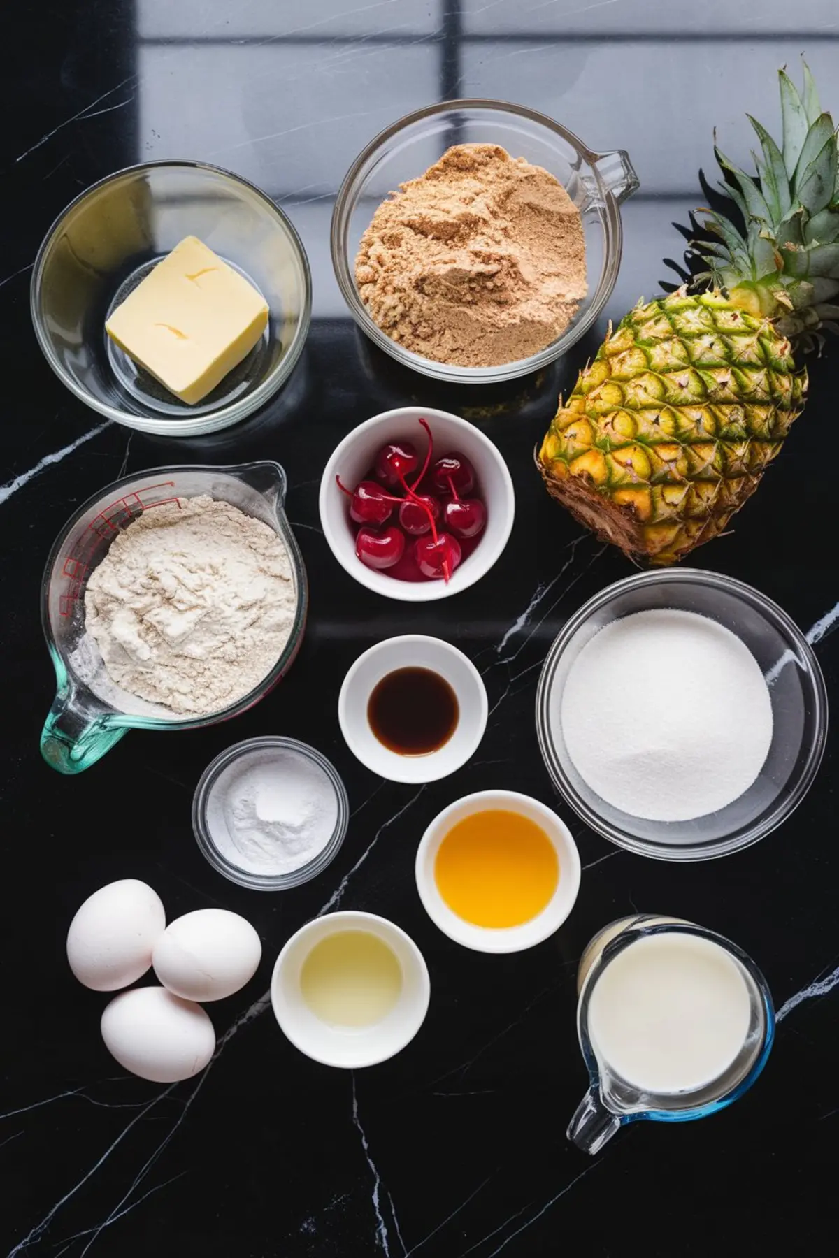 A round cake pan with a layer of pineapple rings and cherries arranged in a symmetrical pattern, sitting on top of cake batter. The bright fruit contrasts with the dark countertop.