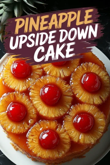 A freshly baked pineapple upside-down cake with caramelized pineapple rings and glossy red cherries, glistening with syrup. The cake sits on a white plate, with a bold text overlay reading “Pineapple Upside Down Cake.”