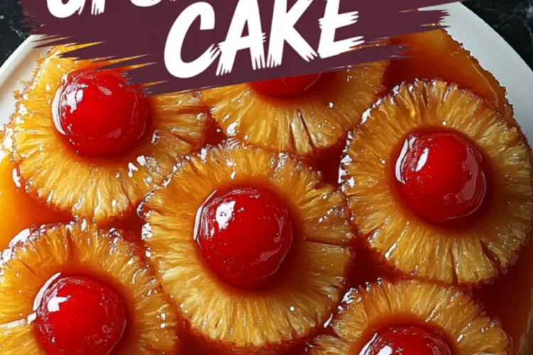 A freshly baked pineapple upside-down cake with caramelized pineapple rings and glossy red cherries, glistening with syrup. The cake sits on a white plate, with a bold text overlay reading “Pineapple Upside Down Cake.”