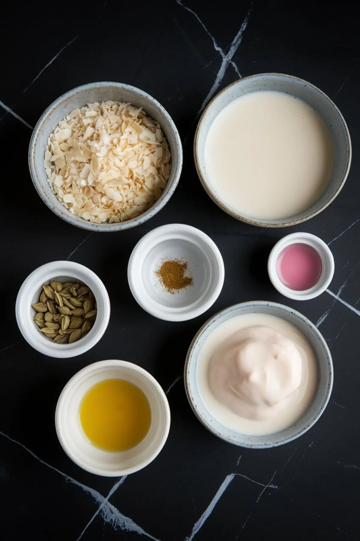 Flat lay of ingredients for making pink coconut ladoos, including shredded coconut, condensed milk, ghee, cardamom pods, cardamom powder, pink food coloring, and yogurt, arranged in small bowls on a dark marble background. Essential components for homemade coconut sweets and Indian desserts.
