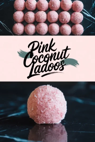 A collage of pink coconut ladoos including an overhead view of ladoos arranged in a rectangular pattern, a close-up of a single ladoo showcasing its shredded coconut coating, and a decorative text “Pink Coconut Ladoos.” These soft, pink-hued coconut balls are perfect for Indian festivals, dessert tables, and sweet treats.