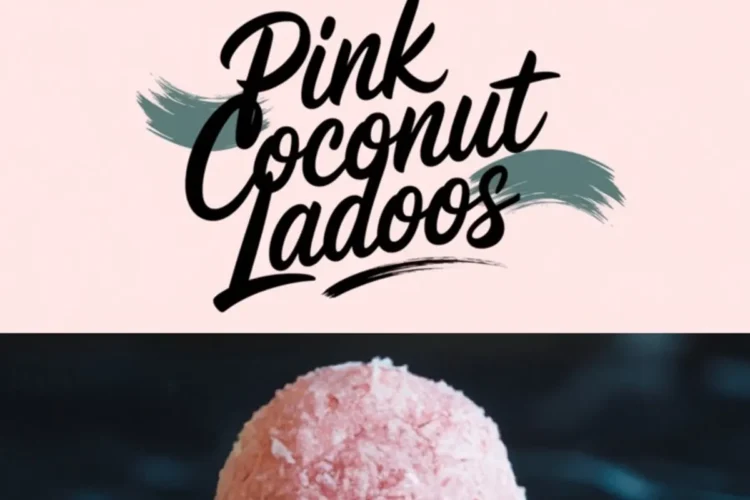 A collage of pink coconut ladoos including an overhead view of ladoos arranged in a rectangular pattern, a close-up of a single ladoo showcasing its shredded coconut coating, and a decorative text “Pink Coconut Ladoos.” These soft, pink-hued coconut balls are perfect for Indian festivals, dessert tables, and sweet treats.
