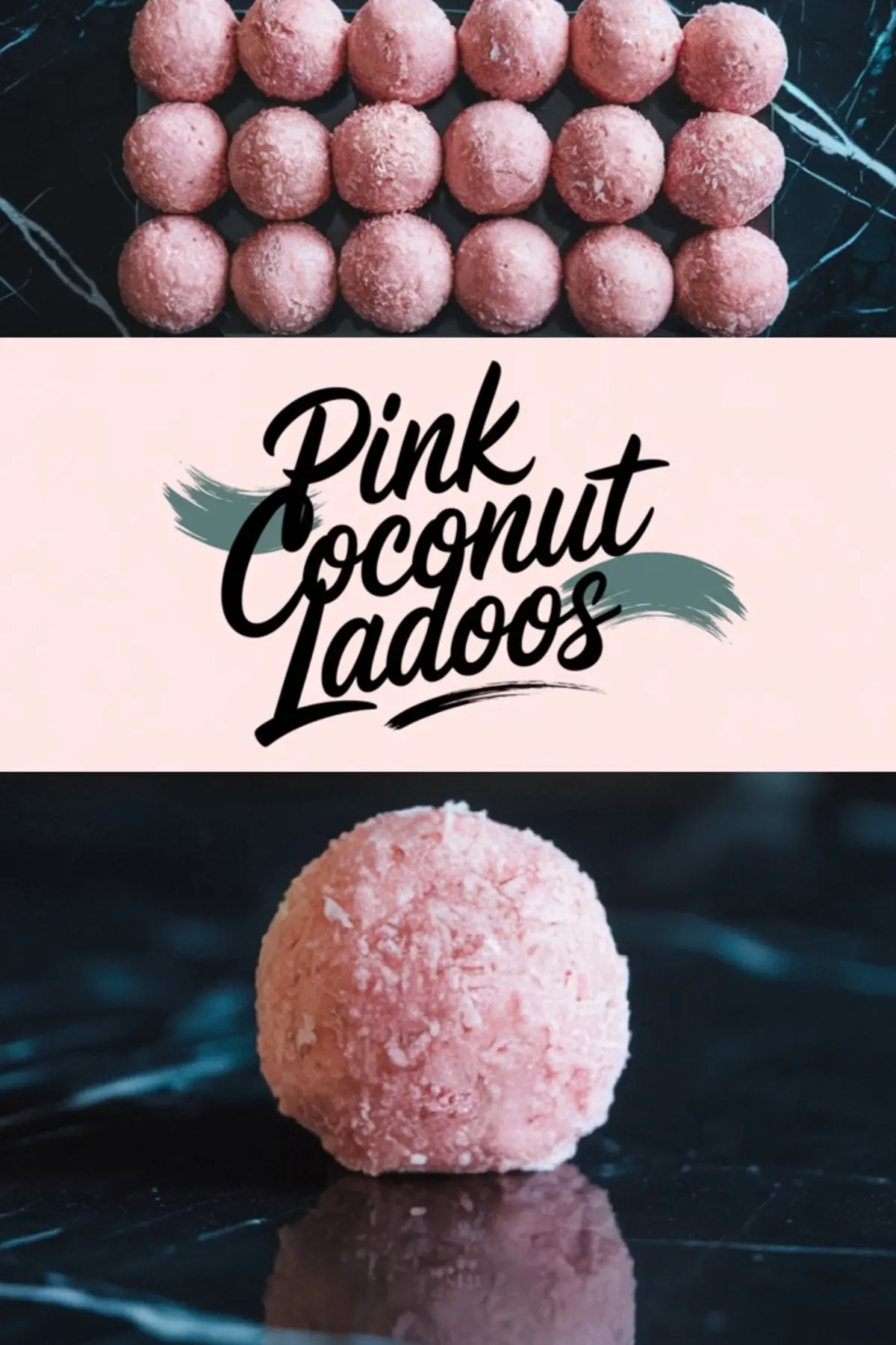 A collage of pink coconut ladoos including an overhead view of ladoos arranged in a rectangular pattern, a close-up of a single ladoo showcasing its shredded coconut coating, and a decorative text “Pink Coconut Ladoos.” These soft, pink-hued coconut balls are perfect for Indian festivals, dessert tables, and sweet treats.