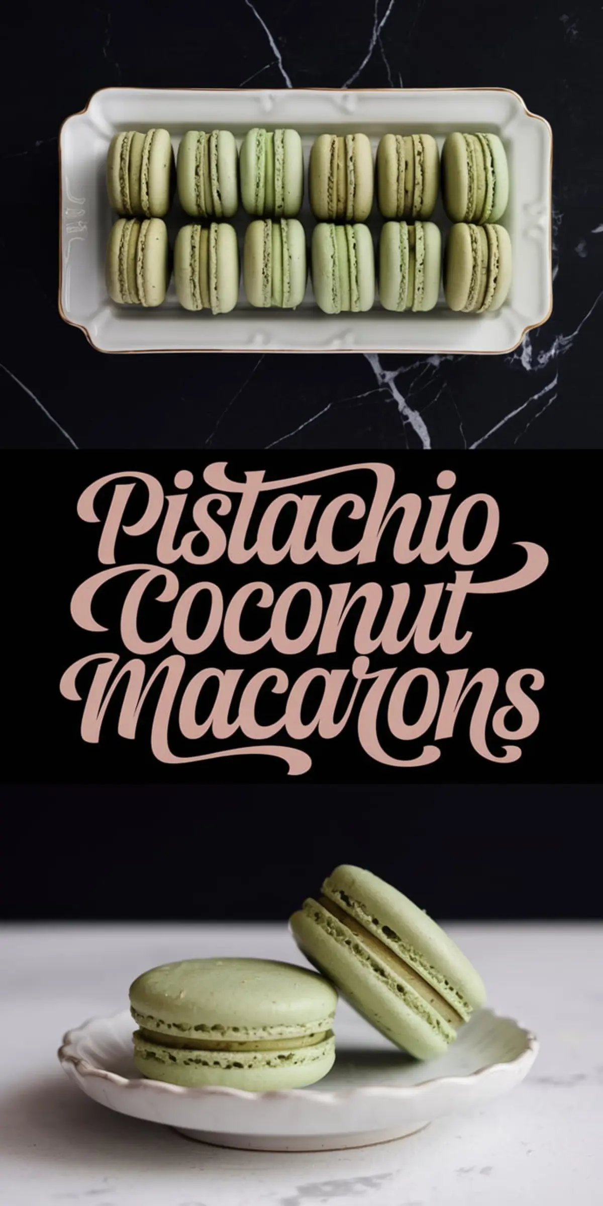 A collage featuring pistachio coconut macarons. The top section showcases a row of green macarons on a rectangular white plate with a dark marble background. The middle section features bold, vintage-style typography reading “Pistachio Coconut Macarons.” The bottom section highlights two stacked macarons on a decorative plate, showing their smooth texture and filling.
