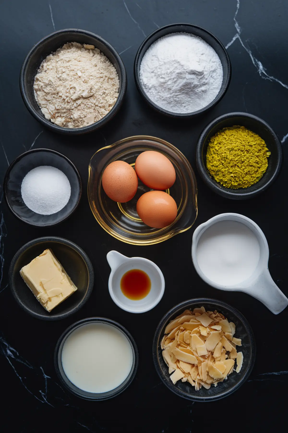 A flat lay of ingredients for pistachio coconut macarons arranged on a dark marble surface. Ingredients include almond flour, powdered sugar, granulated sugar, eggs, butter, vanilla extract, milk, coconut flakes, and finely ground pistachios, displayed in black ceramic bowls and a glass dish.