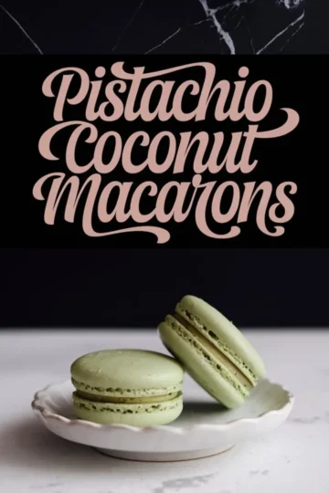 A collage featuring pistachio coconut macarons. The top section has elegant typography reading “Pistachio Coconut Macarons” on a black background. The bottom section presents two green macarons on a delicate white plate, highlighting their crisp shell and smooth filling.