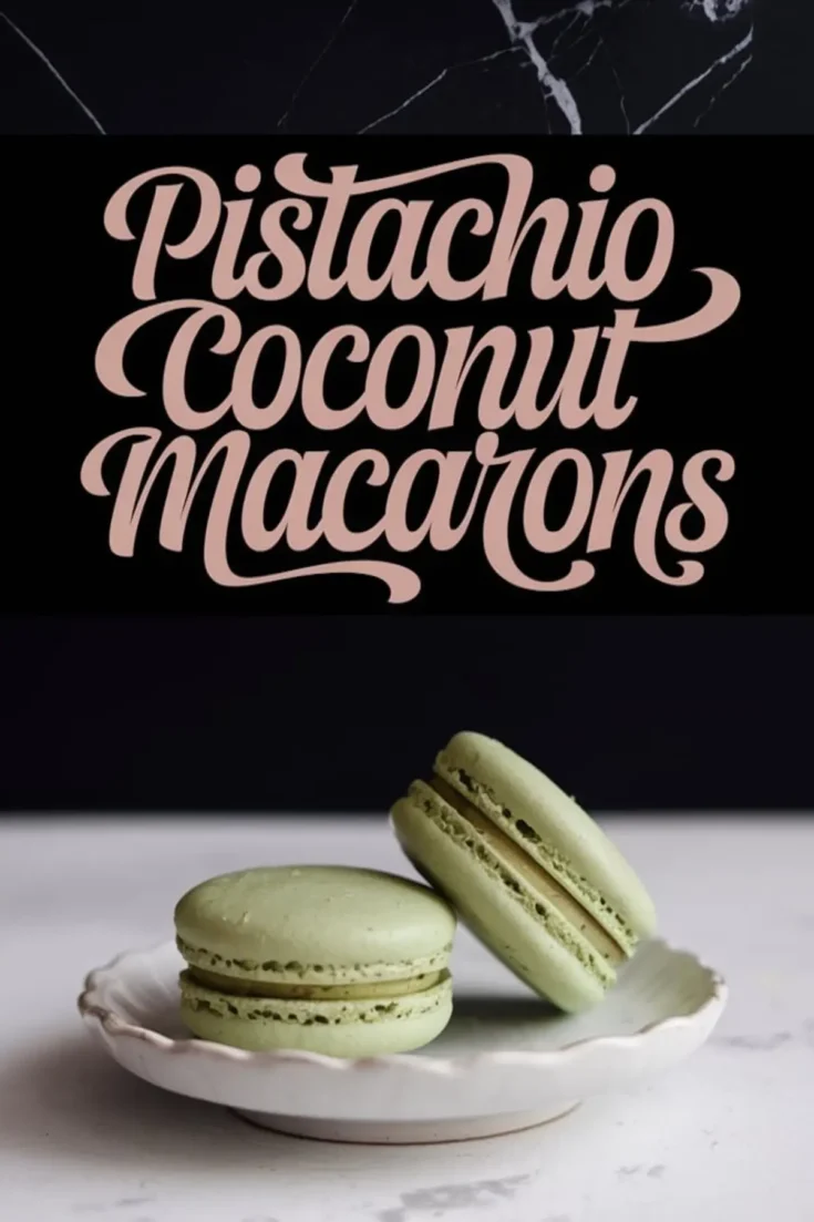 A collage featuring pistachio coconut macarons. The top section has elegant typography reading “Pistachio Coconut Macarons” on a black background. The bottom section presents two green macarons on a delicate white plate, highlighting their crisp shell and smooth filling.