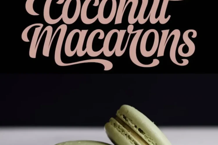 A collage featuring pistachio coconut macarons. The top section has elegant typography reading “Pistachio Coconut Macarons” on a black background. The bottom section presents two green macarons on a delicate white plate, highlighting their crisp shell and smooth filling.