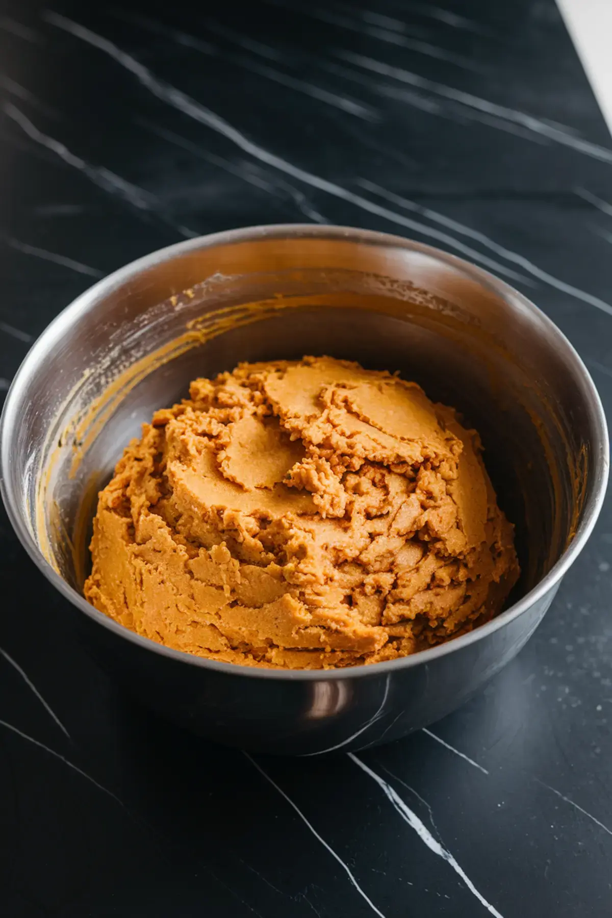 A stainless steel bowl holding thick, fully mixed pumpkin oatmeal dog treat dough, ready for shaping and baking, placed on a black marble kitchen surface.
