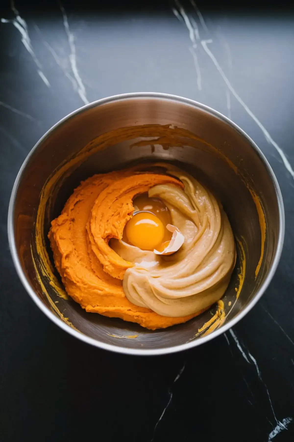 A stainless steel mixing bowl filled with a partially mixed blend of creamy pumpkin puree, peanut butter, and a cracked egg in the center, showing the beginning stages of making homemade dog treats on a dark marble countertop.