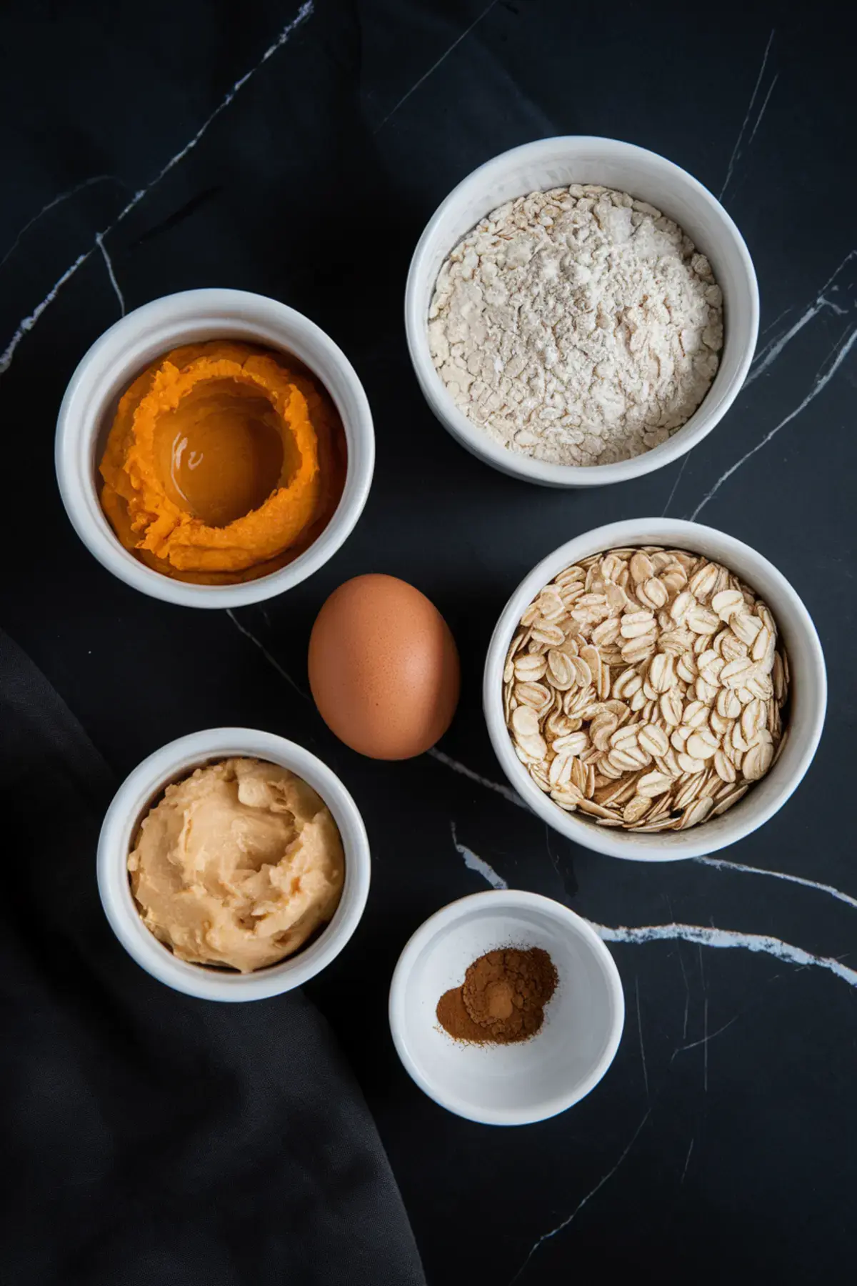 Flat lay of measured ingredients for pumpkin oatmeal dog treats in white ramekins, including rolled oats, oat flour, pumpkin puree, peanut butter, an egg, and ground cinnamon, arranged on a black marble background.