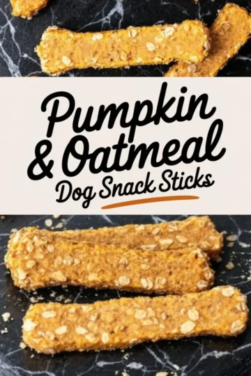 A collage image showing rectangular pumpkin oatmeal dog treats topped with oats on a dark marble background, paired with a cream-colored banner featuring the text “Pumpkin & Oatmeal Dog Snack Sticks” in black cursive font.