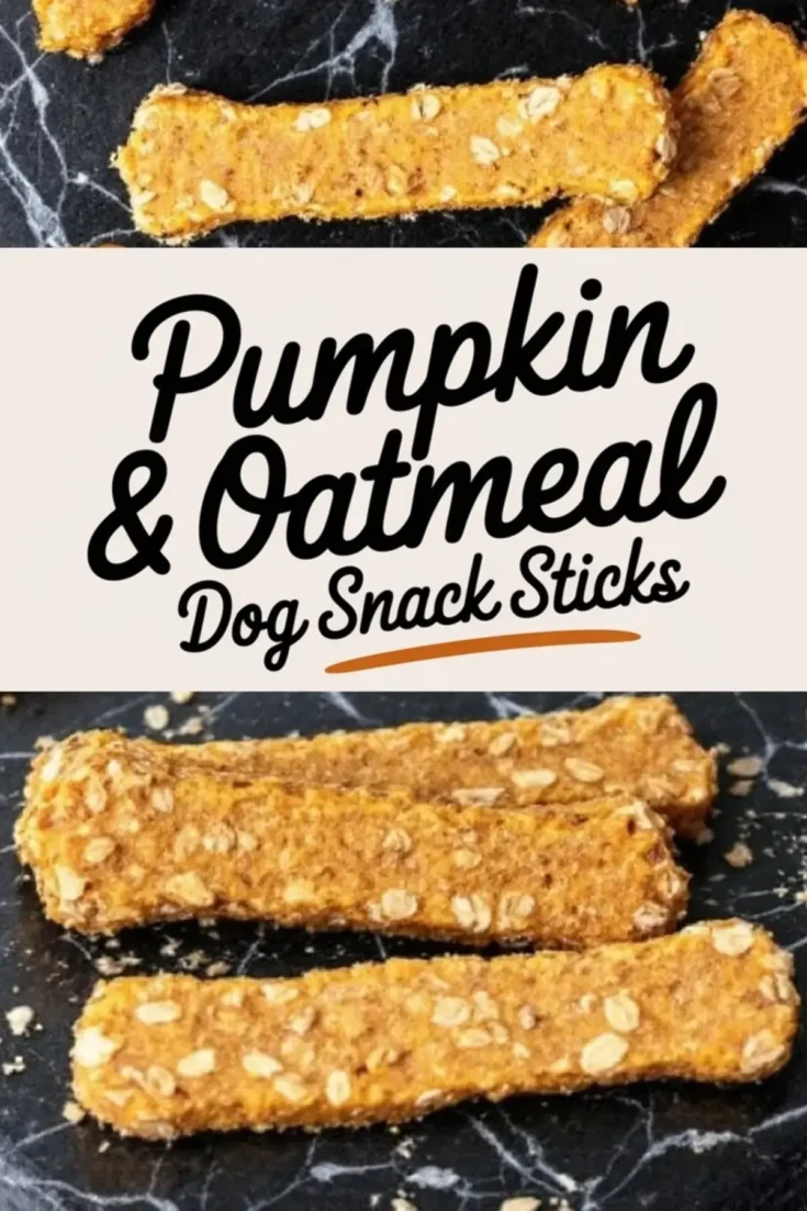 A collage image showing rectangular pumpkin oatmeal dog treats topped with oats on a dark marble background, paired with a cream-colored banner featuring the text “Pumpkin & Oatmeal Dog Snack Sticks” in black cursive font.