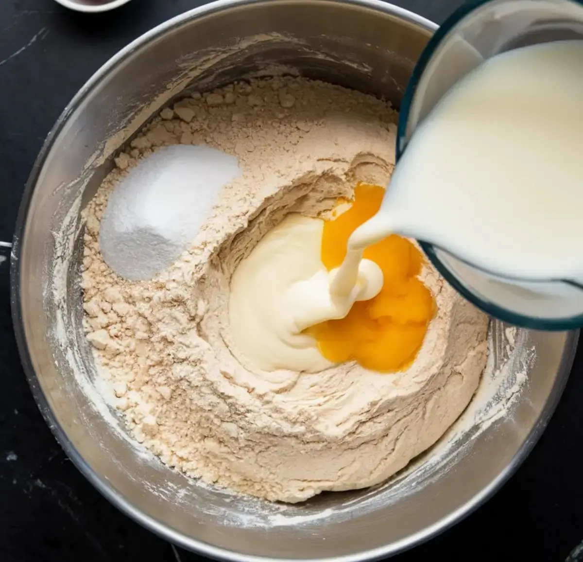 A mixing bowl filled with flour, sugar, and salt, with a well in the center containing egg yolks. A glass measuring cup pours milk into the mixture, capturing the start of the dough preparation.