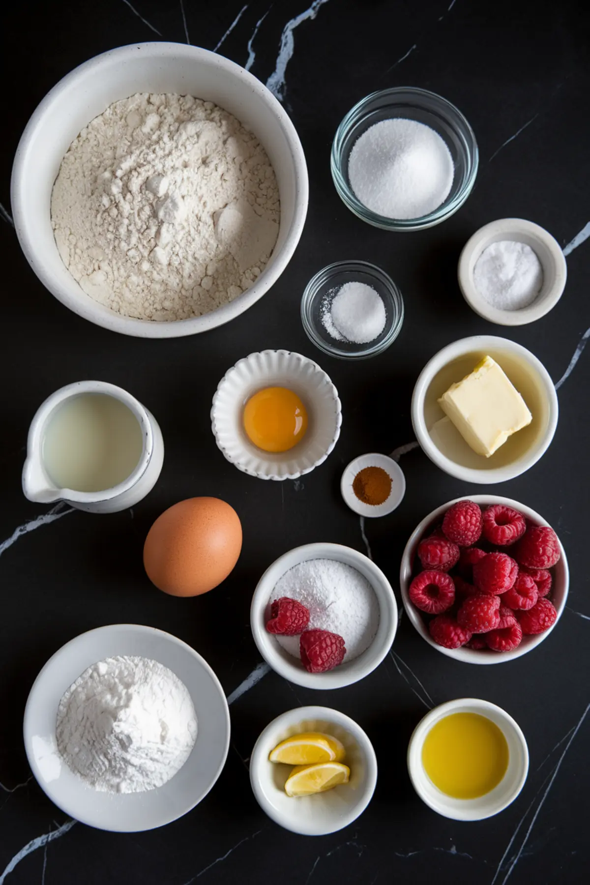 A flat-lay image of baking ingredients on a dark marble countertop. Small bowls hold flour, sugar, salt, cinnamon, butter, oil, egg yolk, milk, fresh raspberries, and lemon wedges, neatly arranged for making raspberry cinnamon rolls.