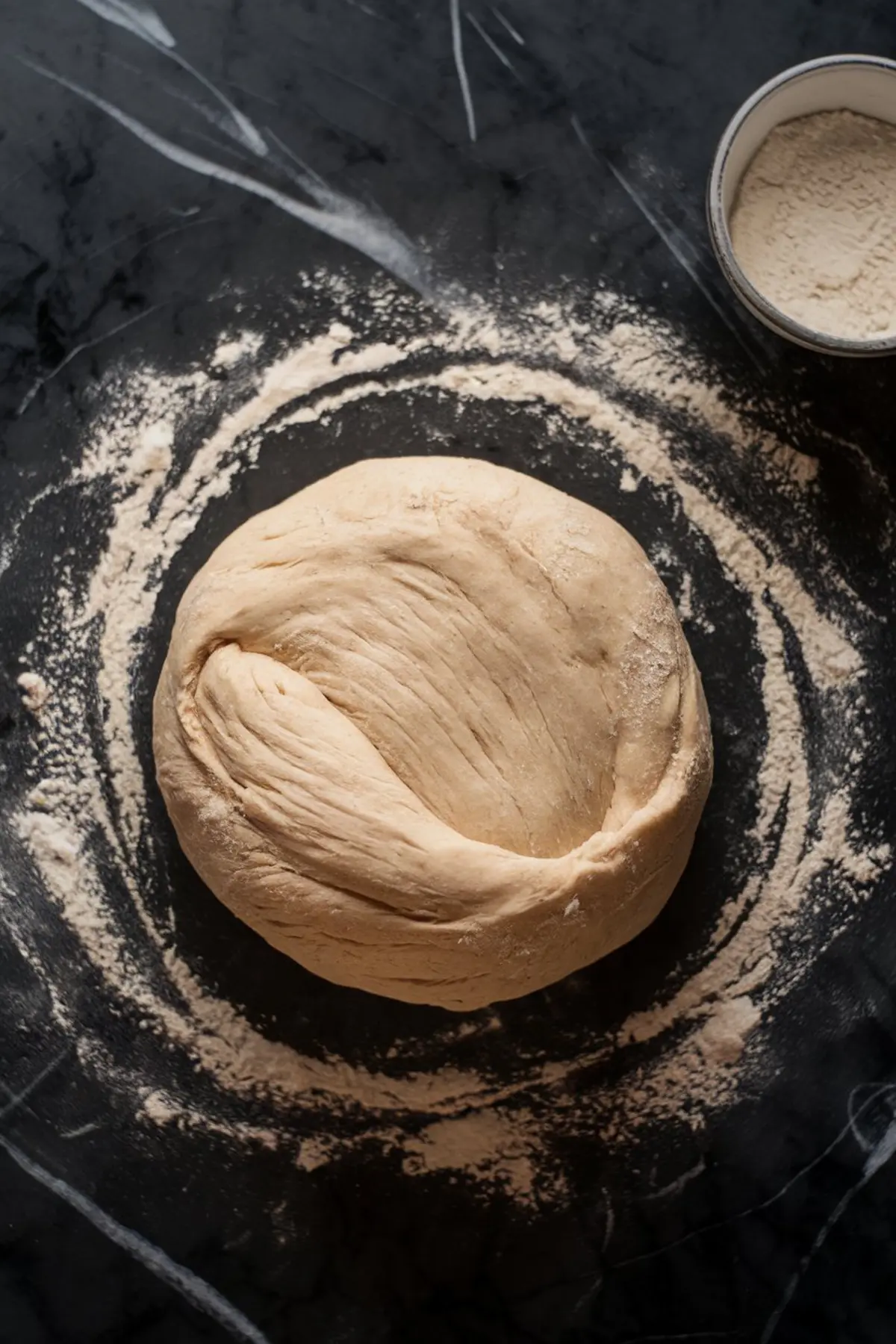 A ball of dough resting on a floured black countertop. The smooth, elastic dough is shaped and ready to be rolled out for baking.