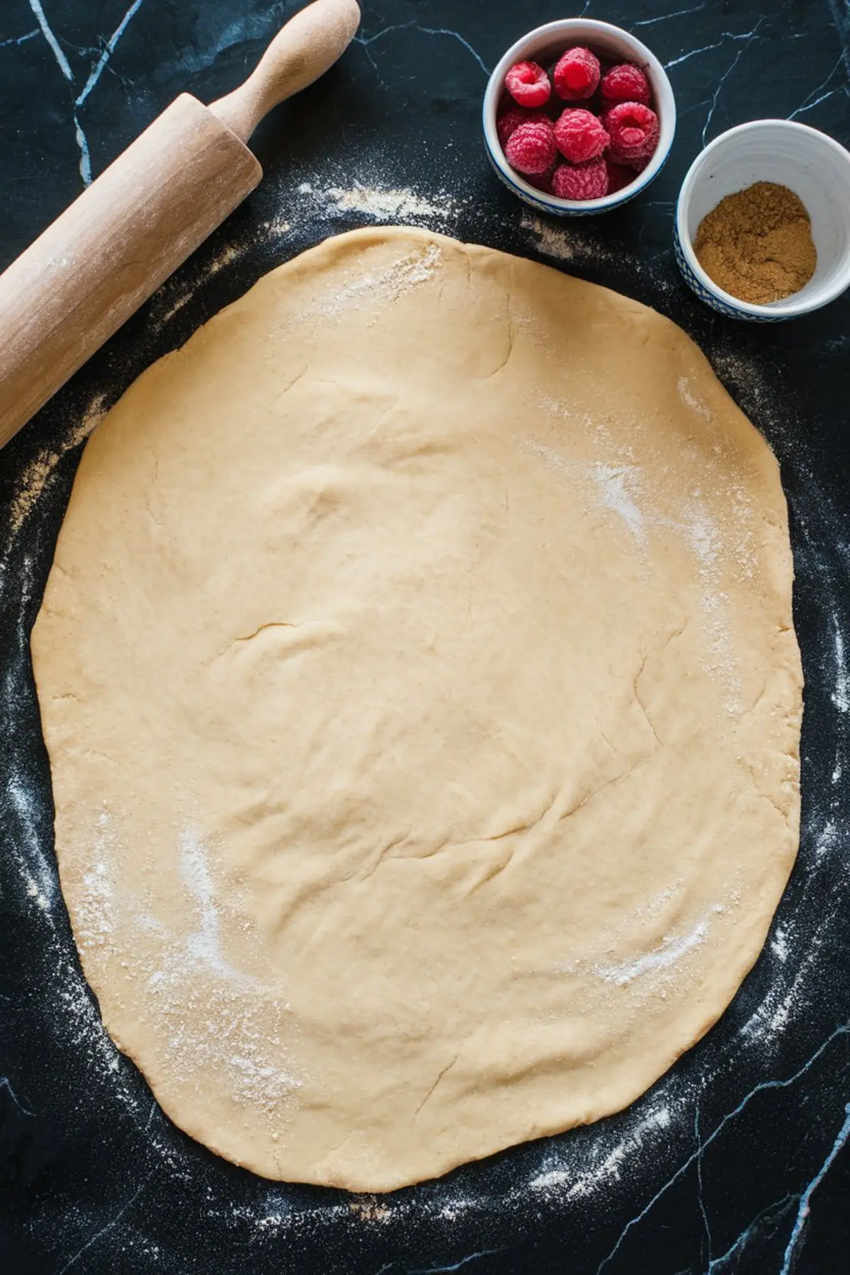 A sheet of rolled-out dough on a floured surface, ready for filling. A wooden rolling pin, a bowl of fresh raspberries, and a dish of brown sugar are arranged beside it, indicating the next steps in the recipe.