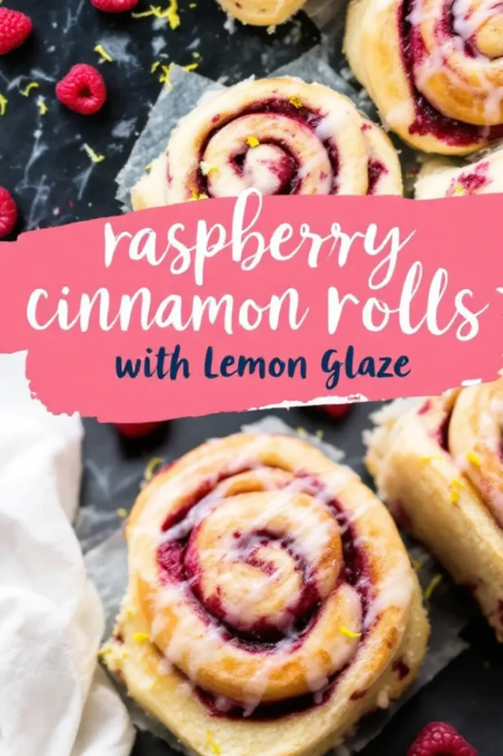 A close-up of raspberry cinnamon rolls with lemon glaze on a dark surface. The rolls are golden brown with vibrant raspberry filling swirled inside, drizzled with icing, and sprinkled with lemon zest. A decorative banner reads “Raspberry Cinnamon Rolls with Lemon Glaze.”