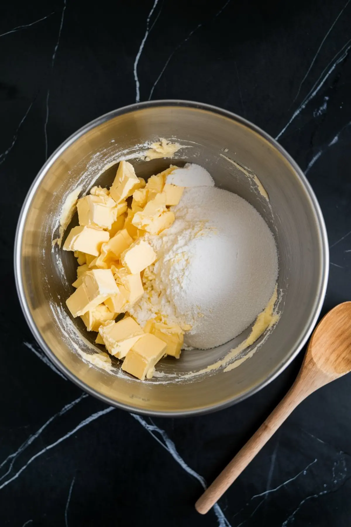 A stainless steel mixing bowl filled with cubed butter, powdered sugar, and flour. A wooden spoon rests on the black marble countertop beside the bowl, showing ingredients for baking.