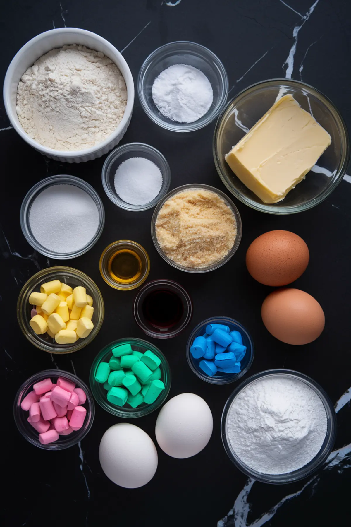 A flat-lay of baking ingredients arranged in small glass bowls on a black marble surface. Items include flour, sugar, butter, eggs, vanilla extract, baking powder, and colorful food coloring in blue, pink, green, and yellow.