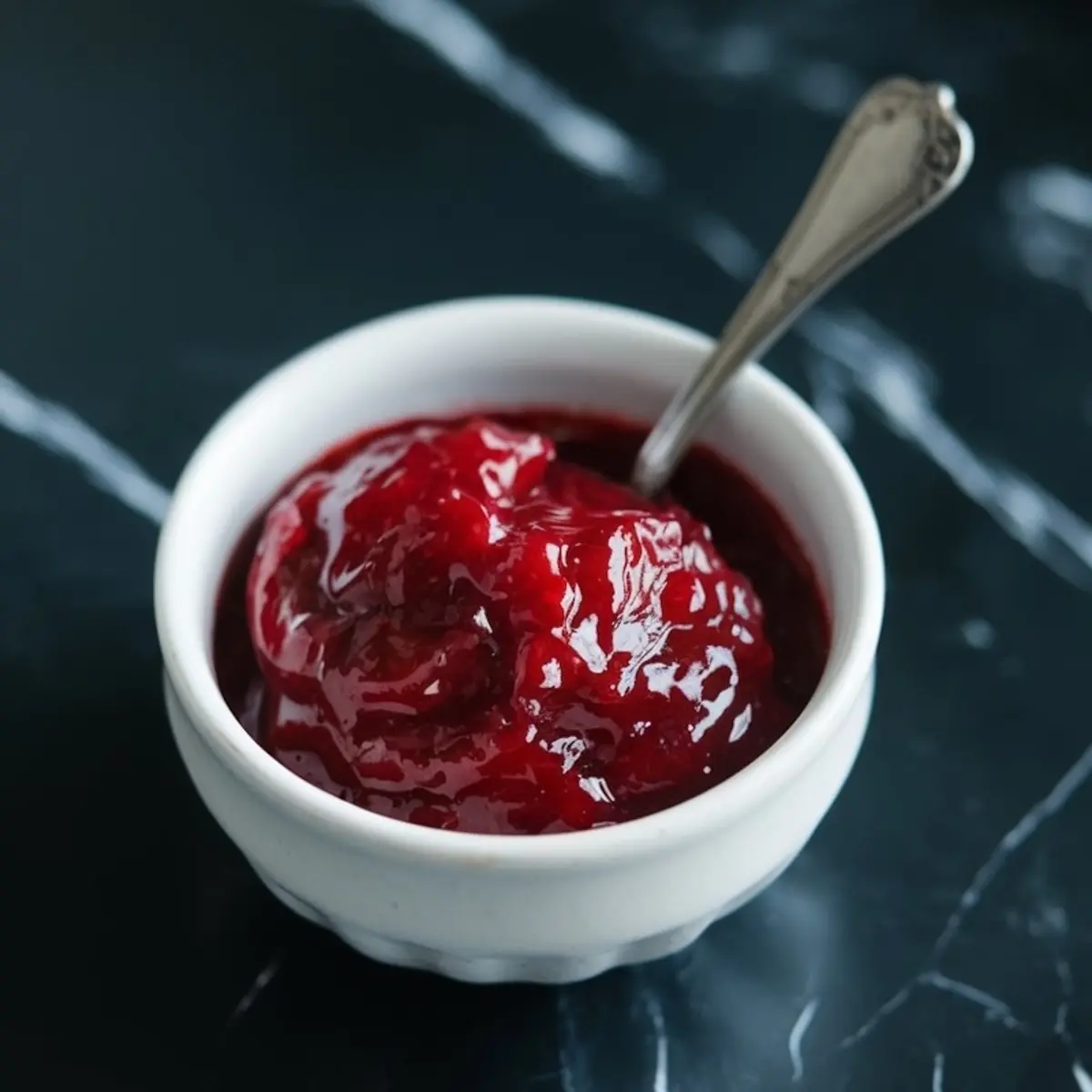White ceramic bowl filled with thick, glossy strawberry jam, with a silver spoon resting inside. The vibrant red color pops against the dark marble background. Ideal for baking ingredient imagery or homemade jam inspiration.