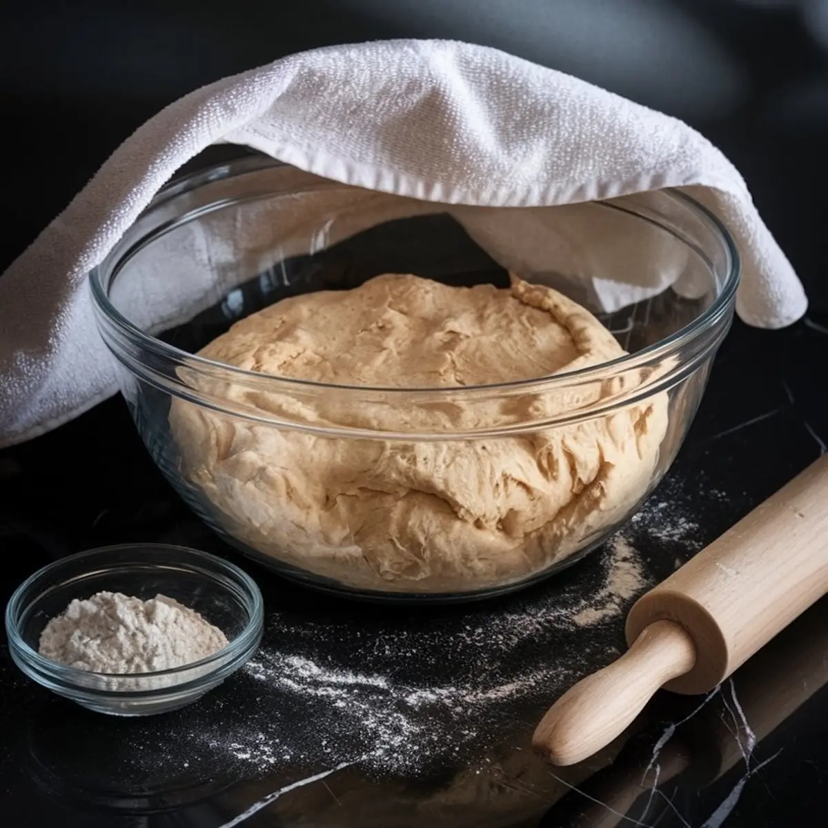 Glass mixing bowl with risen dough partially covered by a white kitchen towel, surrounded by a wooden rolling pin and a small bowl of flour. Dough rests on a floured black surface, capturing a cozy baking moment. Great for yeast dough prep or home baking content.