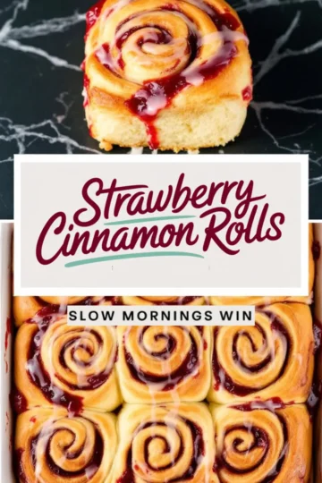 Single baked strawberry cinnamon roll topped with icing sits on a dark marble surface, paired with a text overlay reading “Strawberry Cinnamon Rolls, Slow Mornings Win.” The bottom half displays a full pan of golden baked rolls with melted strawberry filling. Suited for sweet roll recipe features and cozy breakfast visuals.