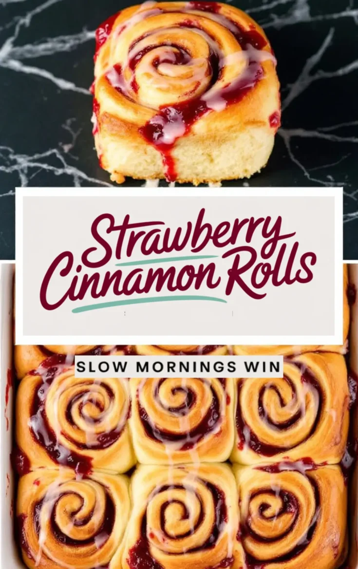 Single baked strawberry cinnamon roll topped with icing sits on a dark marble surface, paired with a text overlay reading “Strawberry Cinnamon Rolls, Slow Mornings Win.” The bottom half displays a full pan of golden baked rolls with melted strawberry filling. Suited for sweet roll recipe features and cozy breakfast visuals.