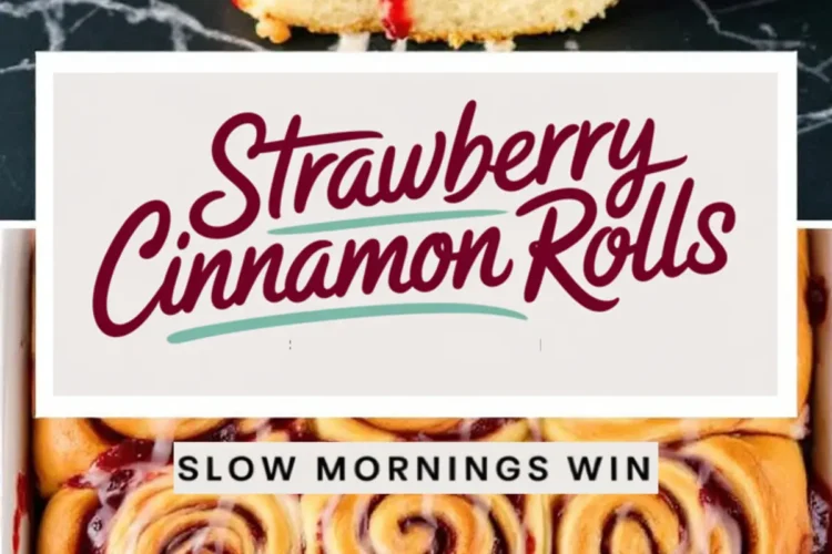 Single baked strawberry cinnamon roll topped with icing sits on a dark marble surface, paired with a text overlay reading “Strawberry Cinnamon Rolls, Slow Mornings Win.” The bottom half displays a full pan of golden baked rolls with melted strawberry filling. Suited for sweet roll recipe features and cozy breakfast visuals.