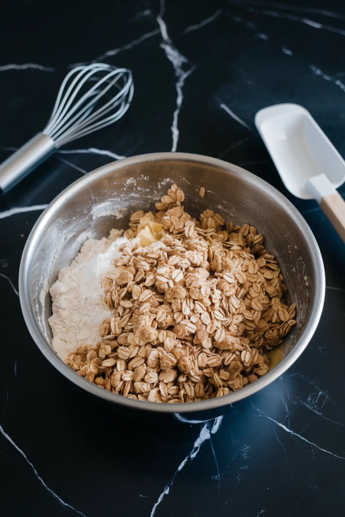 Stainless steel bowl filled with oats, flour, and brown sugar being mixed for strawberry oatmeal crumble bars, set on a black marble surface with a whisk and spatula nearby.
